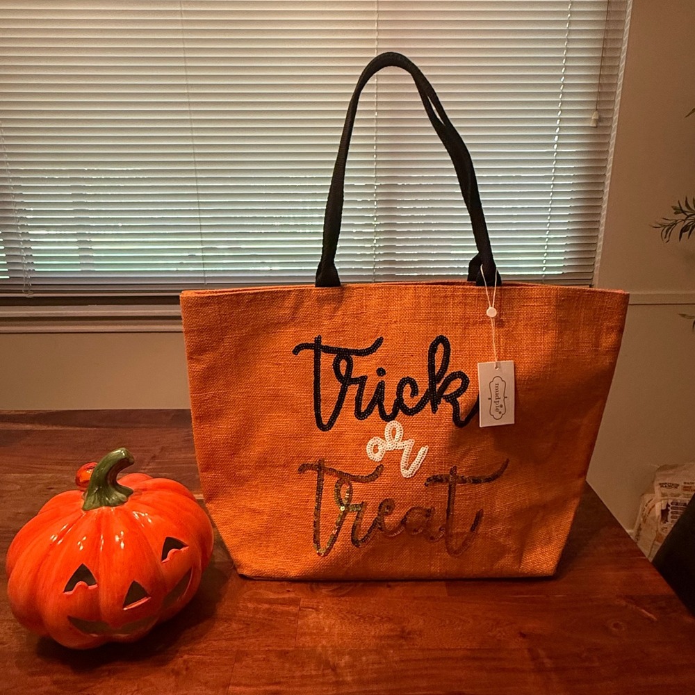 Mud Pie Halloween Trick or Treat Sequin Jute Tote Bag Orange Black Large NEW